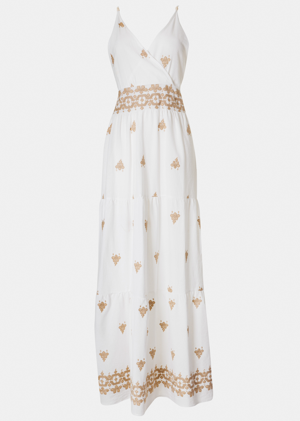 White Maxi Dress w/ Beige Embroidered Flowers